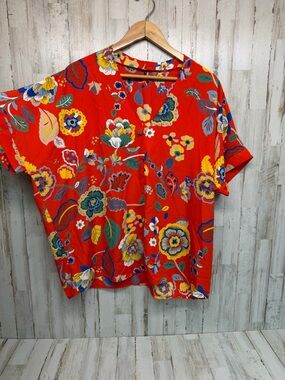 Women’s Jodifl Large Red Floral Blouse Boho Lightweight V-Neck Top
